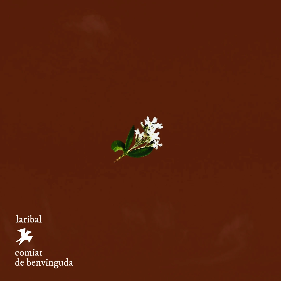 Portada del disc 'Comiat de benvinguda' de Laribal. Un fons roig amb un ramet de gessamí, lleugerament pixelat, al centre. Abaix a l'esquerra: laribal - comiat de benvinguda, en blanc i mínuscules, i una silueta d'una oreneta.